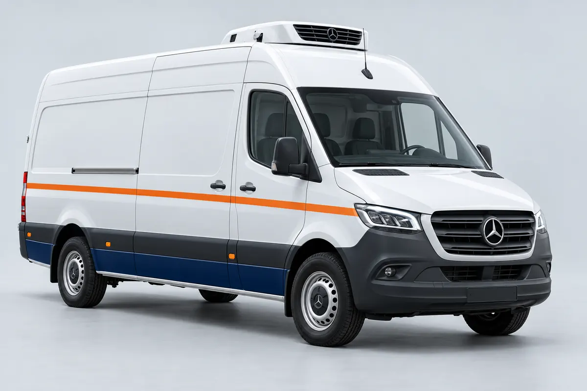 White refrigerated van with a roof-mounted fridge unit