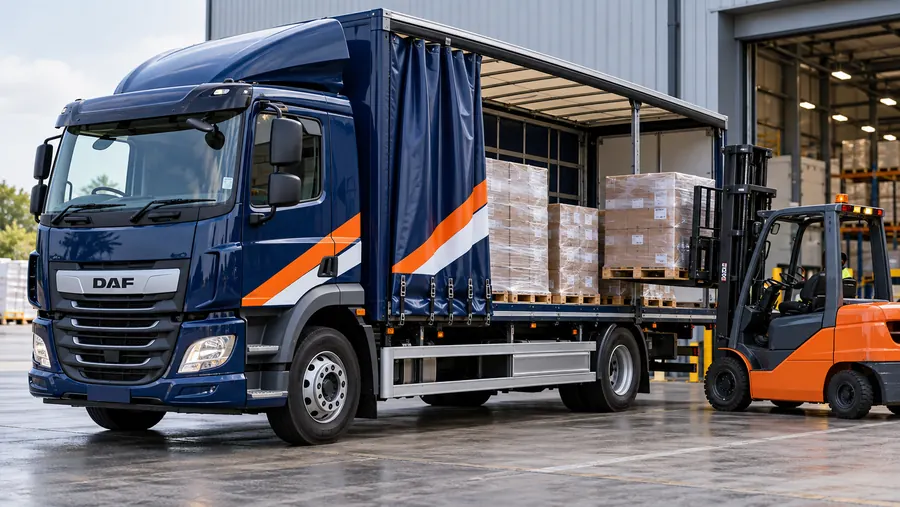 Pallets being loaded by forklift onto a curtainside rigid lorry at a warehouse
