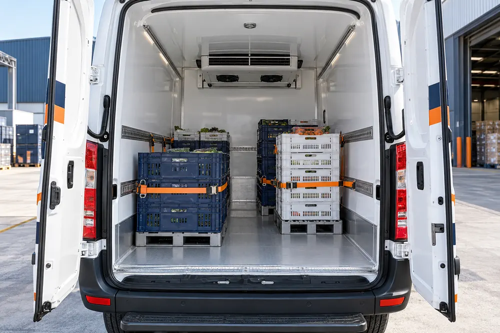 Inside a refrigerated van: crates of fresh produce on pallets, strapped in place, with the fridge unit at the front